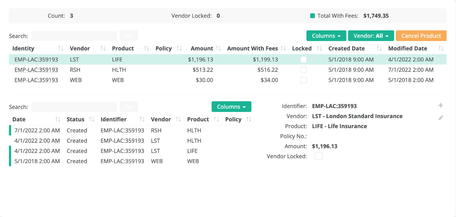 member vendor products and the associated amounts and fees